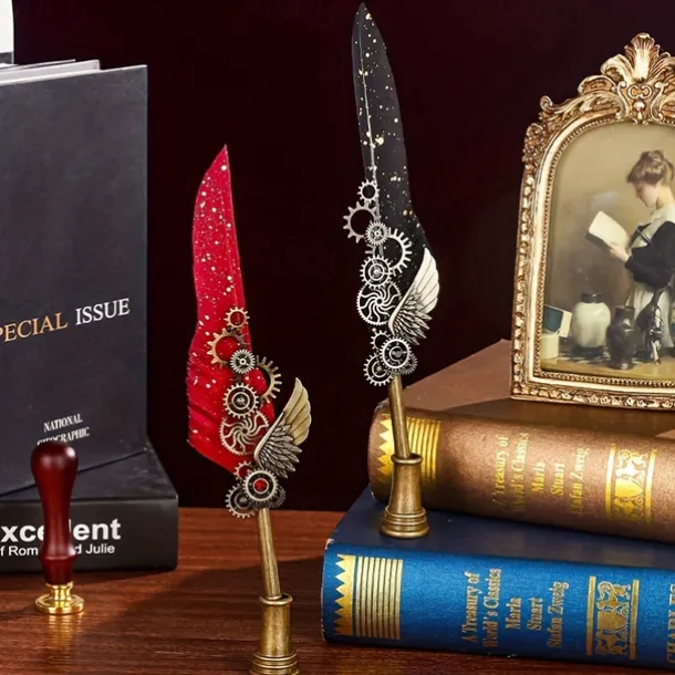 1 Set Gift Box Quill Pen Calligraphy Pen And Ink Pen Set Antique Writing Quilting Ink Dip Pen Mechanical Gear Steampunk Dip Pen For Drawing Signing And Vintage Decoration