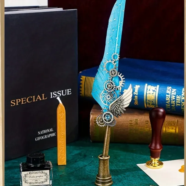 1 Set Gift Box Quill Pen Calligraphy Pen And Ink Pen Set Antique Writing Quilting Ink Dip Pen Mechanical Gear Steampunk Dip Pen For Drawing Signing And Vintage Decoration