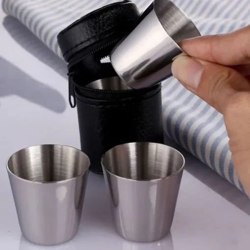4 Stainless Steel Shot Cups Drinking Vessel with Black Leather Carrying Case (30ml) Outdoor Camping Travel Unbreakable Metal Shooters for Whiskey Tequila Liquor Great Barware Gift