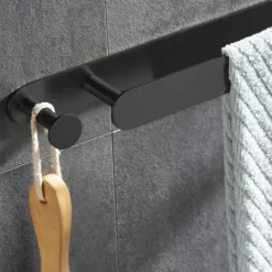 16“ Stainless Steel Towel Bar with Hook, SUS304, Self Adhesive Bath Towel Rack, Contemporary Style, Towel Holder, Rustproof, 4-Finish, Gold, Brushed, Black, Mirror Polished, Punch-free
