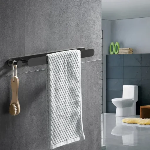 16“ Stainless Steel Towel Bar with Hook, SUS304, Self Adhesive Bath Towel Rack, Contemporary Style, Towel Holder, Rustproof, 4-Finish, Gold, Brushed, Black, Mirror Polished, Punch-free