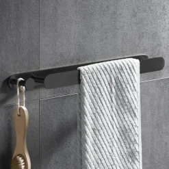 16“ Stainless Steel Towel Bar with Hook, SUS304, Self Adhesive Bath Towel Rack, Contemporary Style, Towel Holder, Rustproof, 4-Finish, Gold, Brushed, Black, Mirror Polished, Punch-free