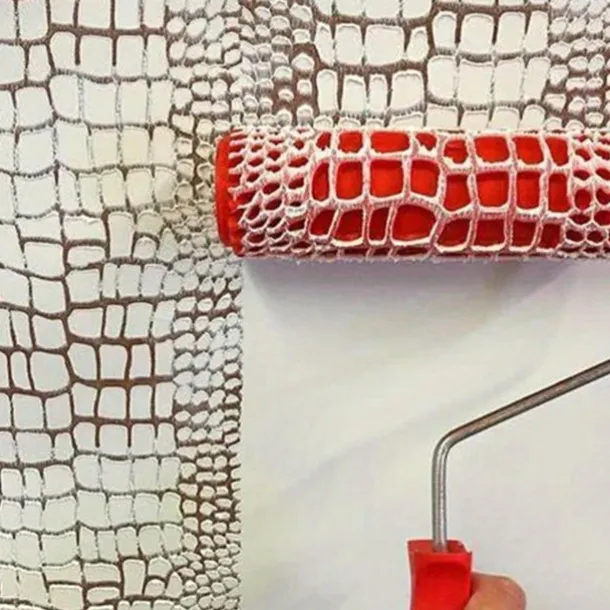 7" Textured Art Decoration Tool DIY Paint Roller - 1 Crocodile Skin Pattern with Red Handle, Durable Plastic, Easy-to-Use for Realistic Wood Grain & Embossed Walls