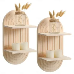 2 Tier Arch Wood Floating Shelf Mid Century Wall Shelves Modern Boho Wall Shelf Retro Wall Mounted Wood Arch Wall Decor for Bedroom Classroom Bathroom Nursery Display