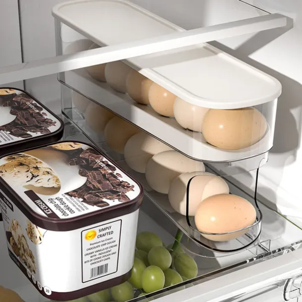 2 Tier Egg Holder for Refrigerator, Auto Rolling Egg Storage Rack, Fridge Storage Organizer for Kitchen, Side Door Egg Box for Refrigerator Kitchen,Household