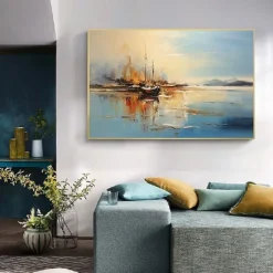 Abstract Coastal Landscape Oil Painting on Canvas Large Wall Art Original Blue Sailboat Art painting Ocean Art Custom Painting for Living Room bedroom wall Decor