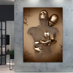Abstract People Wall Art Canvas Love Couples Prints Painting Artwork Picture Kissing Hug Love Bronze Glitter Home Decoration Décor Rolled Canvas No Frame Unframed Unstretched