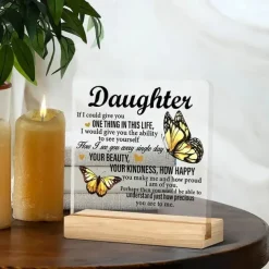 Acrylic Plaque with Wooden Base, Meaningful Gift from Son or Daughter to Mom, Commemorative Desk Sign, Thoughtful Keepsake with Wooden Stand