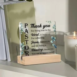 Acrylic Plaque with Wooden Base, Christian Keepsake Gift from Pastor to Believer, Religious Holiday Décor for Table, Room, Home, Café, Bar, and Restaurant