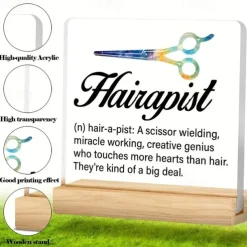 Acrylic Plaque with Wooden Base, Hair Stylist Definition Desk Sign, Creative Scissor Design, Appreciation Gift for Salon Professionals, Horizontal Display