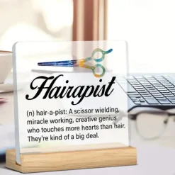 Acrylic Plaque with Wooden Base, Hair Stylist Definition Desk Sign, Creative Scissor Design, Appreciation Gift for Salon Professionals, Horizontal Display