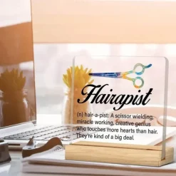 Acrylic Plaque with Wooden Base, Hair Stylist Definition Desk Sign, Creative Scissor Design, Appreciation Gift for Salon Professionals, Horizontal Display