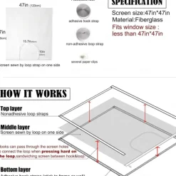 Adjustable DIY Fiberglass Mesh Window Screen with Zipper Opening - Handmade Insect for Pets, Customizable Cut-to-Size Sheet Mesh with Non-Adhesive Loop and Hook Straps
