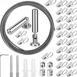 Adjustable Indoor Outdoor Wire Curtain Rod Room Divider Hanging System with 24 Clips Wire Hanging System For Tapestry Clothesline Clothes Hanger Craft Art Decoration on Walls