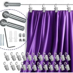 Adjustable Indoor Outdoor Wire Curtain Rod Room Divider Hanging System with 24 Clips Wire Hanging System For Tapestry Clothesline Clothes Hanger Craft Art Decoration on Walls