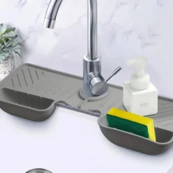 Adjustable Silicone Sponge Holder, Faucet Water Catcher Mat, 2 IN 1 Absorbent Faucet Splash Mat, Draining Faucet Water Catcher Mat, Sponge Holder Over Faucet Sink Organizer, Kitchen Bathroom Sink Acce