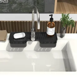 Adjustable Silicone Sponge Holder, Faucet Water Catcher Mat, 2 IN 1 Absorbent Faucet Splash Mat, Draining Faucet Water Catcher Mat, Sponge Holder Over Faucet Sink Organizer, Kitchen Bathroom Sink Acce