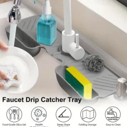 Adjustable Silicone Sponge Holder, Faucet Water Catcher Mat, 2 IN 1 Absorbent Faucet Splash Mat, Draining Faucet Water Catcher Mat, Sponge Holder Over Faucet Sink Organizer, Kitchen Bathroom Sink Acce