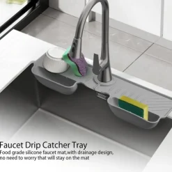 Adjustable Silicone Sponge Holder, Faucet Water Catcher Mat, 2 IN 1 Absorbent Faucet Splash Mat, Draining Faucet Water Catcher Mat, Sponge Holder Over Faucet Sink Organizer, Kitchen Bathroom Sink Acce