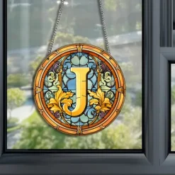 Alphabet Stained Window Hanging Suncatcher For Windows Panels Sun Catcher Autumn Ornament Decoration Alphabet Memorial Gift For Friend, Christmas Xmas Gift
