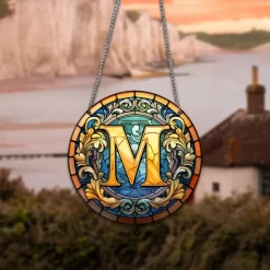 Alphabet Stained Window Hanging Suncatcher For Windows Panels Sun Catcher Autumn Ornament Decoration Alphabet Memorial Gift For Friend, Christmas Xmas Gift