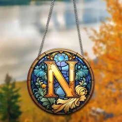 Alphabet Stained Window Hanging Suncatcher For Windows Panels Sun Catcher Autumn Ornament Decoration Alphabet Memorial Gift For Friend, Christmas Xmas Gift