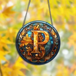 Alphabet Stained Window Hanging Suncatcher For Windows Panels Sun Catcher Autumn Ornament Decoration Alphabet Memorial Gift For Friend, Christmas Xmas Gift