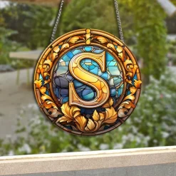 Alphabet Stained Window Hanging Suncatcher For Windows Panels Sun Catcher Autumn Ornament Decoration Alphabet Memorial Gift For Friend, Christmas Xmas Gift