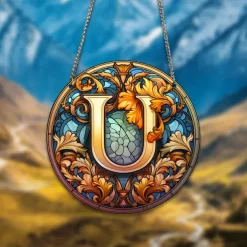 Alphabet Stained Window Hanging Suncatcher For Windows Panels Sun Catcher Autumn Ornament Decoration Alphabet Memorial Gift For Friend, Christmas Xmas Gift