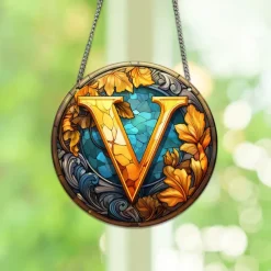 Alphabet Stained Window Hanging Suncatcher For Windows Panels Sun Catcher Autumn Ornament Decoration Alphabet Memorial Gift For Friend, Christmas Xmas Gift
