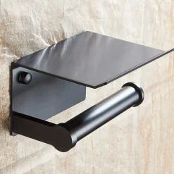 Aluminium Bathroom Paper Holder with Mobile Phone Storage Shelf Wall Mounted Roll Holder Black and Silvery 1pc