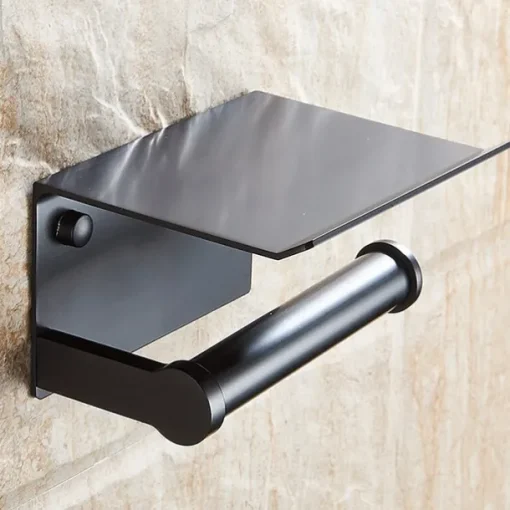 Aluminium Bathroom Paper Holder with Mobile Phone Storage Shelf Wall Mounted Roll Holder Black and Silvery 1pc