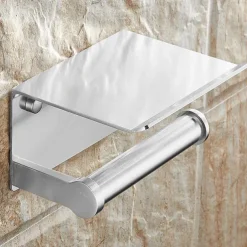 Aluminium Bathroom Paper Holder with Mobile Phone Storage Shelf Wall Mounted Roll Holder Black and Silvery 1pc