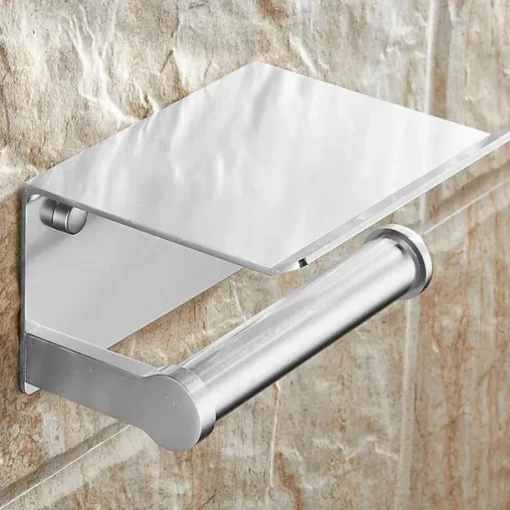 Aluminium Bathroom Paper Holder with Mobile Phone Storage Shelf Wall Mounted Roll Holder Black and Silvery 1pc