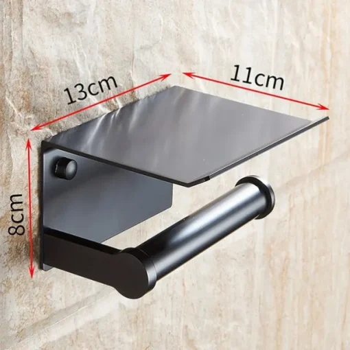 Aluminium Bathroom Paper Holder with Mobile Phone Storage Shelf Wall Mounted Roll Holder Black and Silvery 1pc