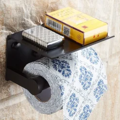 Aluminium Bathroom Paper Holder with Mobile Phone Storage Shelf Wall Mounted Roll Holder Black and Silvery 1pc