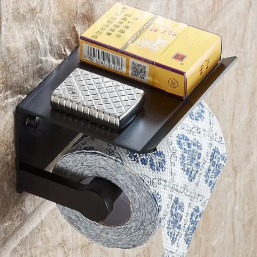 Aluminium Bathroom Paper Holder with Mobile Phone Storage Shelf Wall Mounted Roll Holder Black and Silvery 1pc