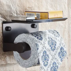 Aluminium Bathroom Paper Holder with Mobile Phone Storage Shelf Wall Mounted Roll Holder Black and Silvery 1pc