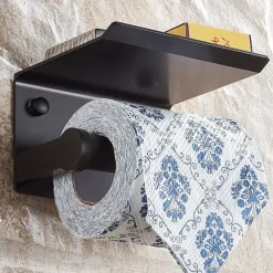 Aluminium Bathroom Paper Holder with Mobile Phone Storage Shelf Wall Mounted Roll Holder Black and Silvery 1pc