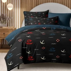 Anchor Duvet Cover Set, Nautical Theme Bedding, Soft Microfiber, Includes Duvet Cover & Pillowcases, Fade-Resistant, Zipper Closure, Machine Washable, Available in Queen, King, and Twin Size