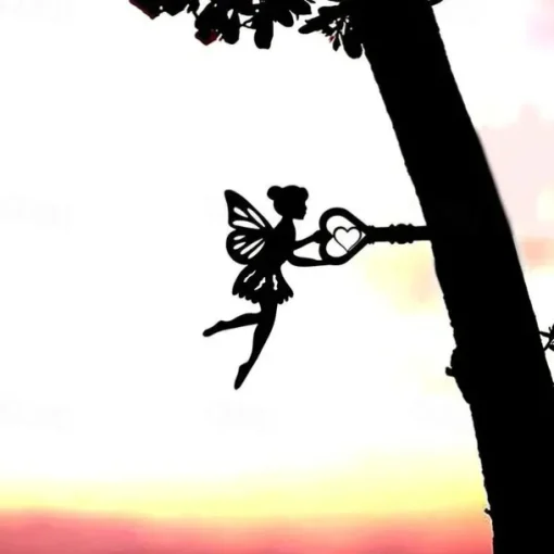 Angel On Branch Steel Silhouette Metal Wall Art Home Garden Yard Patio Outdoor Statue Stake Decoration Perfect For Birthdays, Housewarming Gifts