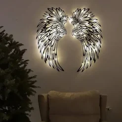 Angel Wings Wall Art Decor with Lights, Metal 3D Angel Wings Wall Sculpture Art Indoor Outdoor Wall Hanging for Home Bedroom Living Room Garden Office