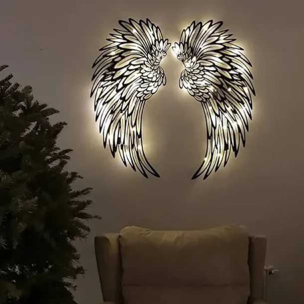 Angel Wings Wall Art Decor with Lights, Metal 3D Angel Wings Wall Sculpture Art Indoor Outdoor Wall Hanging for Home Bedroom Living Room Garden Office