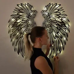Angel Wings Wall Art Decor with Lights, Metal 3D Angel Wings Wall Sculpture Art Indoor Outdoor Wall Hanging for Home Bedroom Living Room Garden Office