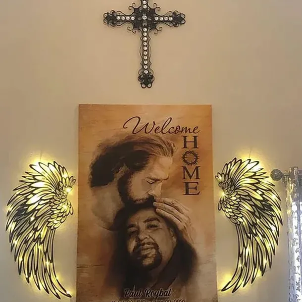 Angel Wings Wall Art Decor with Lights, Metal 3D Angel Wings Wall Sculpture Art Indoor Outdoor Wall Hanging for Home Bedroom Living Room Garden Office