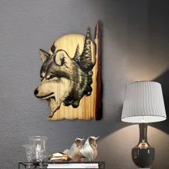 Animal Carving Handcraft Wall Hanging Sculpture, Wood Raccoon Bear Deer Hand Painted Decoration, For Home Living Room