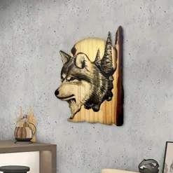 Animal Carving Handcraft Wall Hanging Sculpture, Wood Raccoon Bear Deer Hand Painted Decoration, For Home Living Room