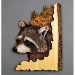 Animal Carving Handcraft Wall Hanging Sculpture, Wood Raccoon Bear Deer Hand Painted Decoration, For Home Living Room