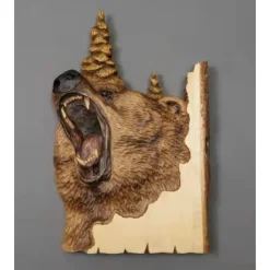 Animal Carving Handcraft Wall Hanging Sculpture, Wood Raccoon Bear Deer Hand Painted Decoration, For Home Living Room