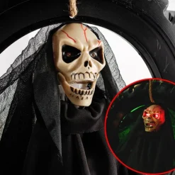 Animated Halloween Wreath Decoration Prop for Front Door Talking and Moving Black Grim Reaper Haunted House Decor